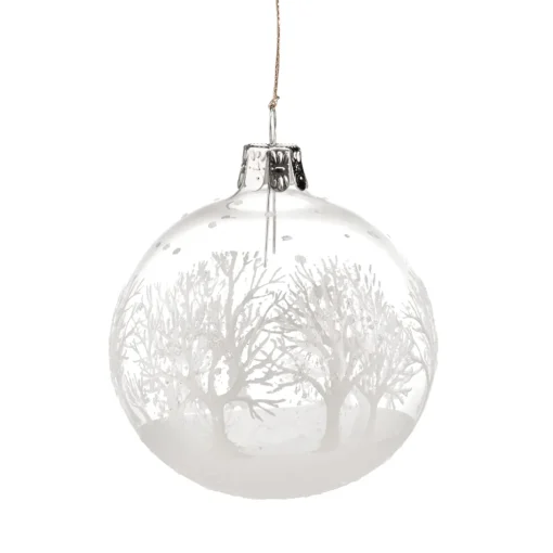 Glass Bauble Clear With White Trees, 7 Cm