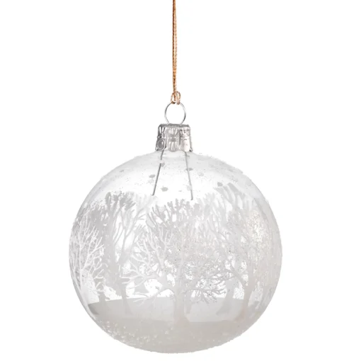 Glass Bauble Clear With White Trees, 8 Cm