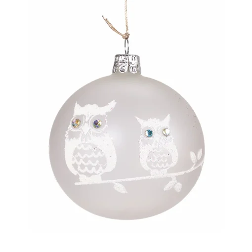 Glass Bauble Frosted White With Two White Owls, 8Cm