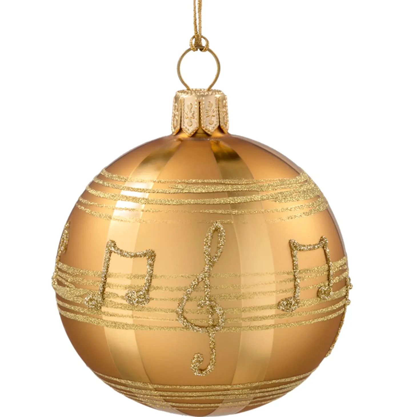 Glass Bauble Gold-Coloured With Musical Notes, 8 Cm