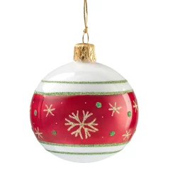 Glass Bauble Opal White With Red Ribbon And Snowflakes, 6 Cm