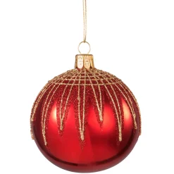 Glass Bauble Red With Glitter Roof, 8 Cm