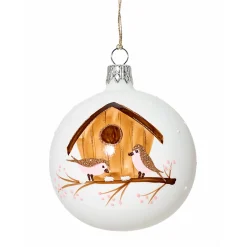 Glass Bauble White With Bird House, 7Cm