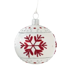 Glass Bauble White With Red Flakes, 6 Cm
