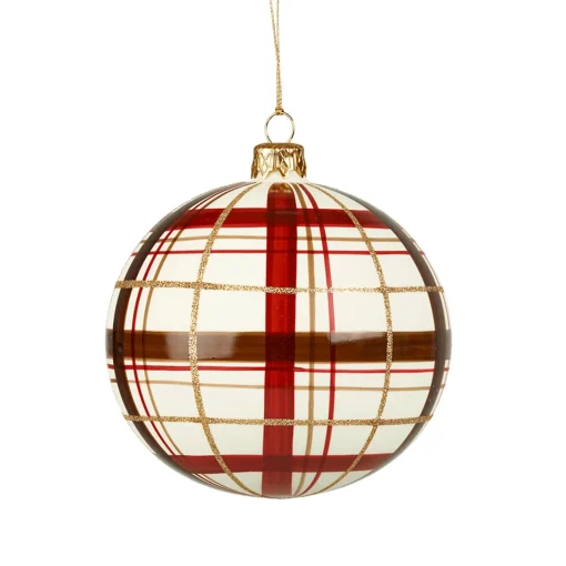 Glass Bauble With Check Pattern White Matt, 10Cm