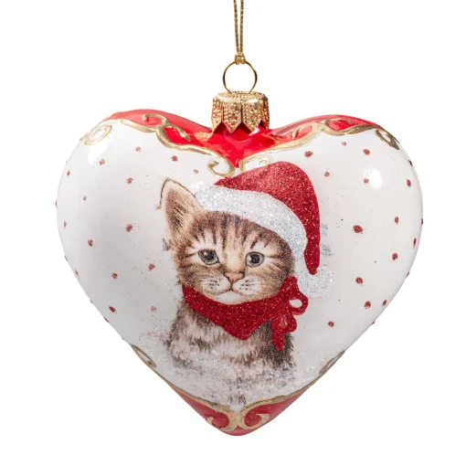 Glass Heart White Christmas Cats