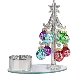 Tealight Holder Glass Tree With Colourful Baubles, Silver