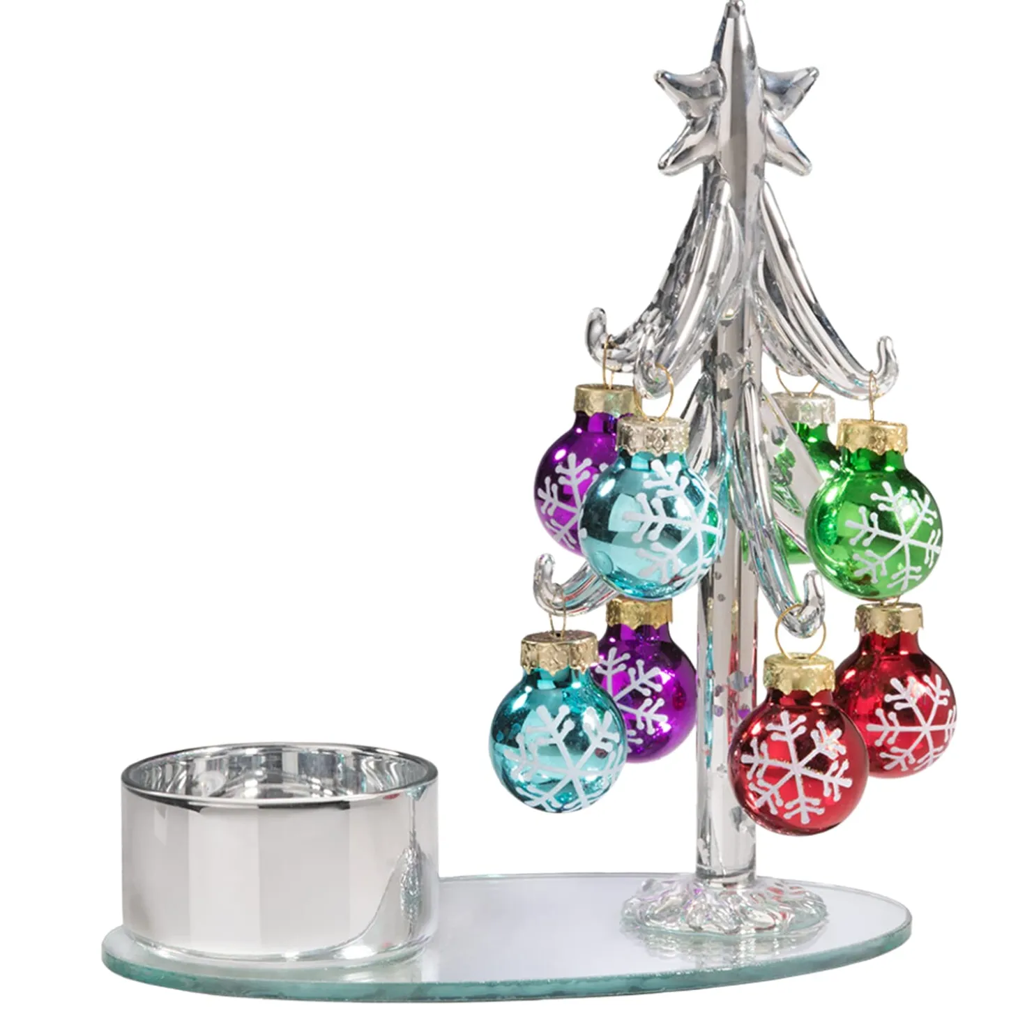 Tealight Holder Glass Tree With Colourful Baubles, Silver